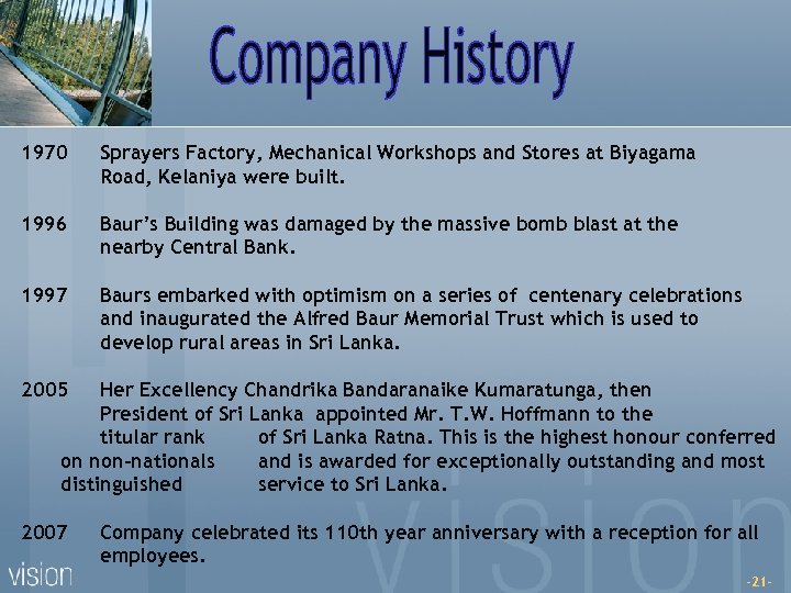 1970 Sprayers Factory, Mechanical Workshops and Stores at Biyagama Road, Kelaniya were built. 1996