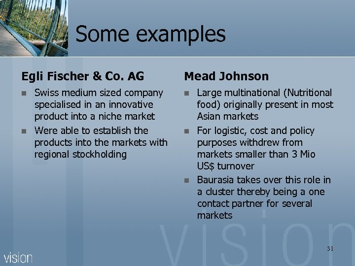 Some examples Egli Fischer & Co. AG n n Swiss medium sized company specialised