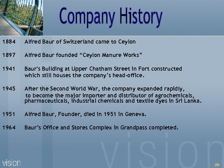 1884 Alfred Baur of Switzerland came to Ceylon 1897 Alfred Baur founded “Ceylon Manure