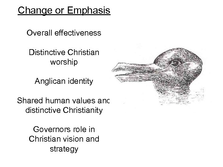 Change or Emphasis Overall effectiveness Distinctive Christian worship Anglican identity Shared human values and