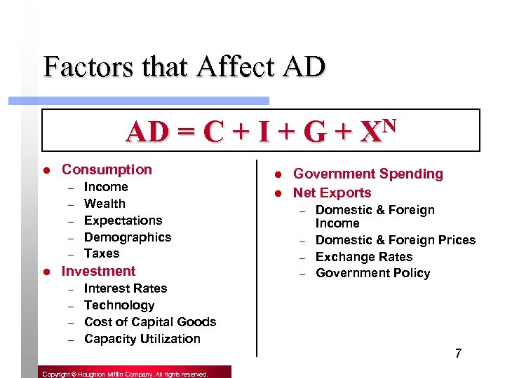 Factors that Affect AD AD = C + I + G + XN l