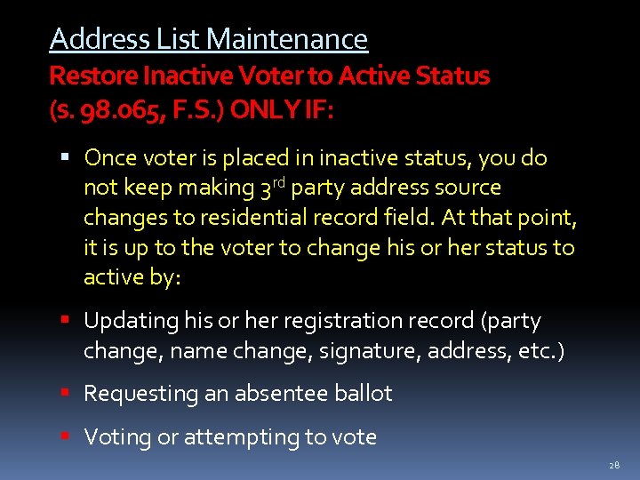 Address List Maintenance Restore Inactive Voter to Active Status (s. 98. 065, F. S.