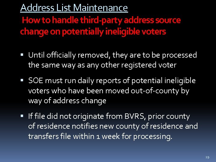 Address List Maintenance How to handle third-party address source change on potentially ineligible voters