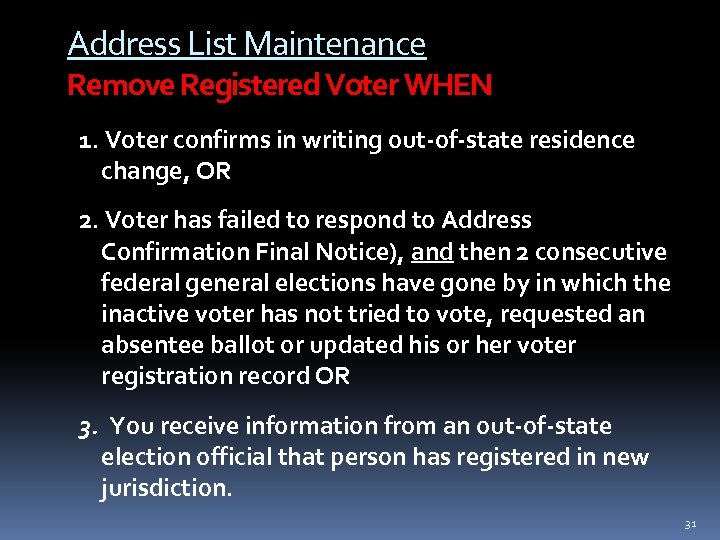 Address List Maintenance Remove Registered Voter WHEN 1. Voter confirms in writing out-of-state residence