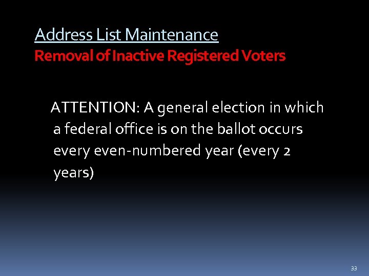 Address List Maintenance Removal of Inactive Registered Voters ATTENTION: A general election in which