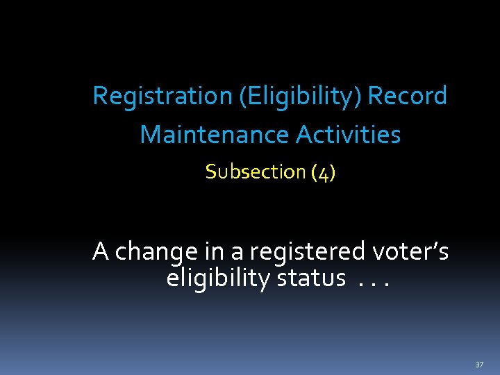 Registration (Eligibility) Record Maintenance Activities Subsection (4) A change in a registered voter’s eligibility