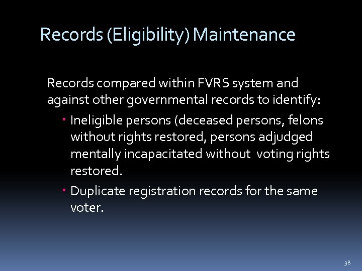 Records (Eligibility) Maintenance Records compared within FVRS system and against other governmental records to