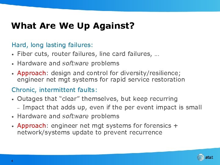 What Are We Up Against? Hard, long lasting failures: • Fiber cuts, router failures,