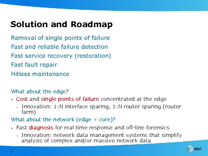 Solution and Roadmap Removal of single points of failure Fast and reliable failure detection