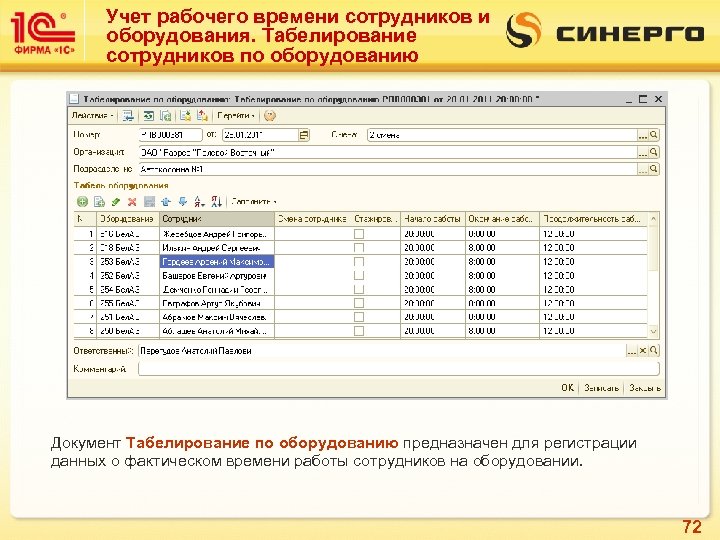Учет рабочего времени сотрудников и оборудования. Табелирование сотрудников по оборудованию Документ Табелирование по оборудованию