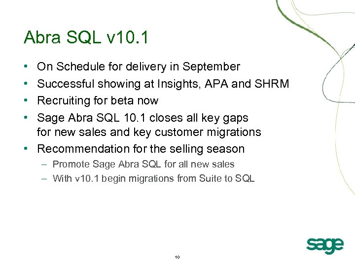 Abra SQL v 10. 1 • • On Schedule for delivery in September Successful