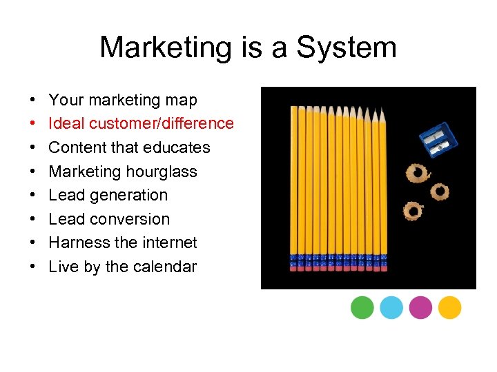 Marketing is a System • • Your marketing map Ideal customer/difference Content that educates