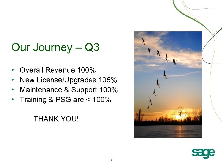 Our Journey – Q 3 • • Overall Revenue 100% New License/Upgrades 105% Maintenance