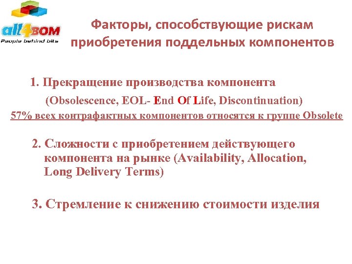 Факторы, способствующие рискам приобретения поддельных компонентов 1. Прекращение производства компонента (Obsolescence, EOL- Еnd Of