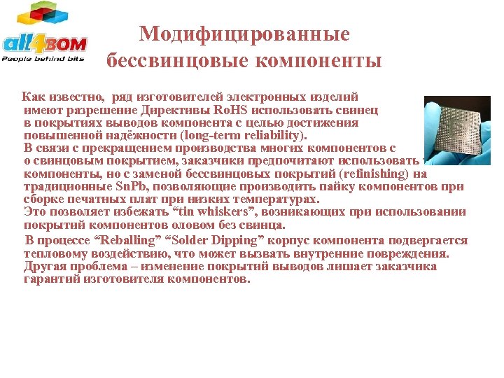 Mодифицированные бессвинцовые компоненты Как известно, ряд изготовителей электронных изделий имеют разрешение Директивы Ro. HS