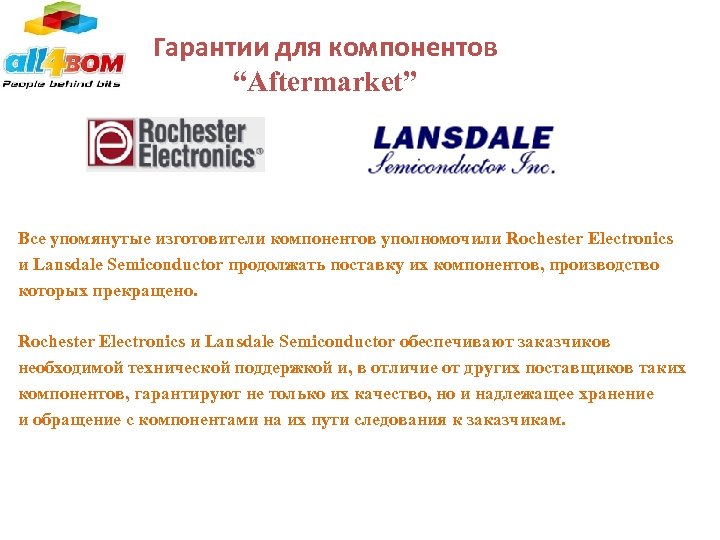 Гарантии для компонентов “Aftermarket” Все упомянутые изготовители компонентов уполномочили Rochester Electronics и Lansdale Semiconductor