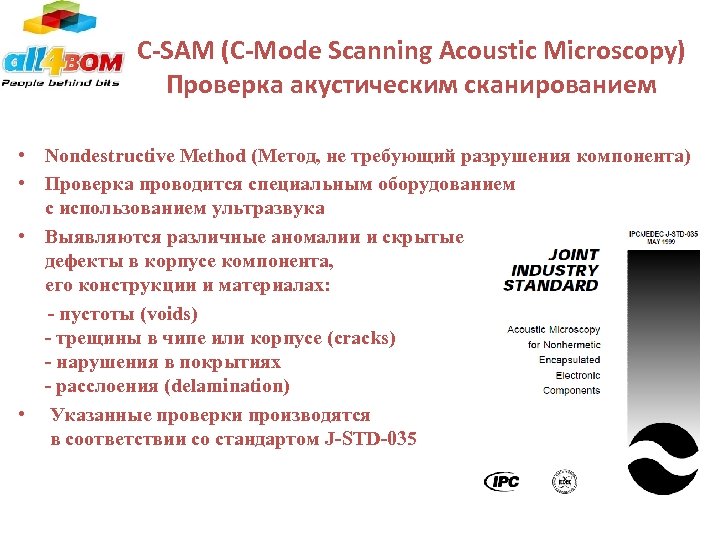 C-SAM (C-Mode Scanning Acoustic Microscopy) Проверка акустическим сканированием • Nondestructive Method (Метод, не требующий