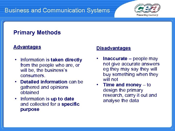 Business and Communication Systems Primary Methods Advantages Disadvantages • Information is taken directly from