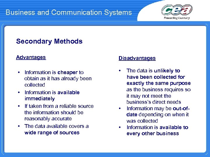 Business and Communication Systems Secondary Methods Advantages • Information is cheaper to obtain as