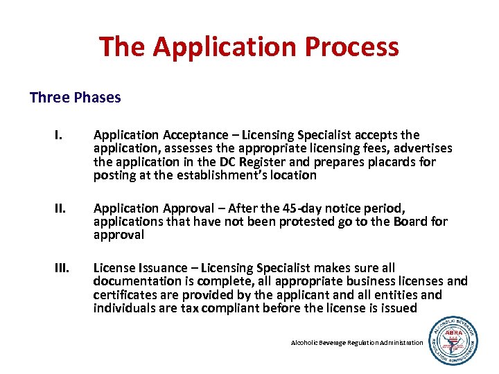 The Application Process Three Phases I. Application Acceptance – Licensing Specialist accepts the application,