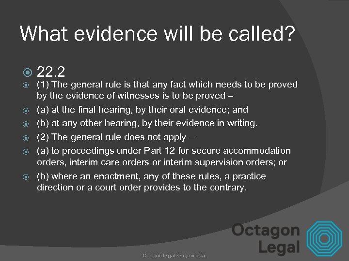 What evidence will be called? 22. 2 (1) The general rule is that any