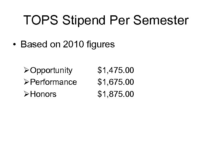 TOPS Stipend Per Semester • Based on 2010 figures ØOpportunity ØPerformance ØHonors $1, 475.