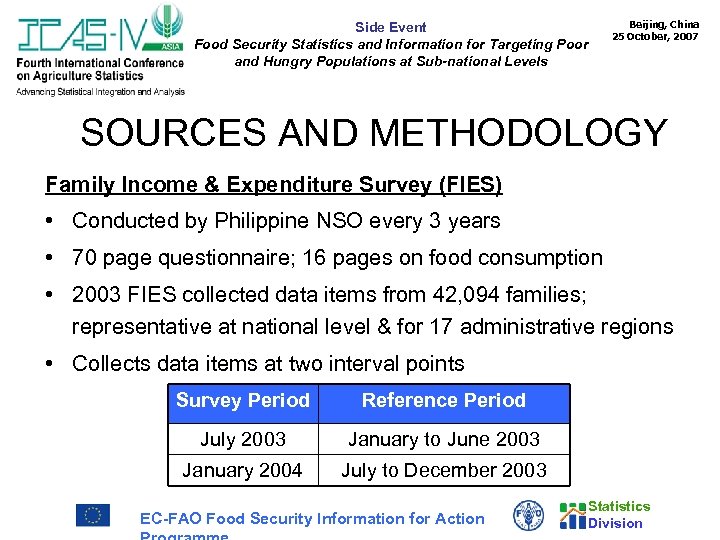 Beijing, China 25 October, 2007 Side Event Food Security Statistics and Information for Targeting