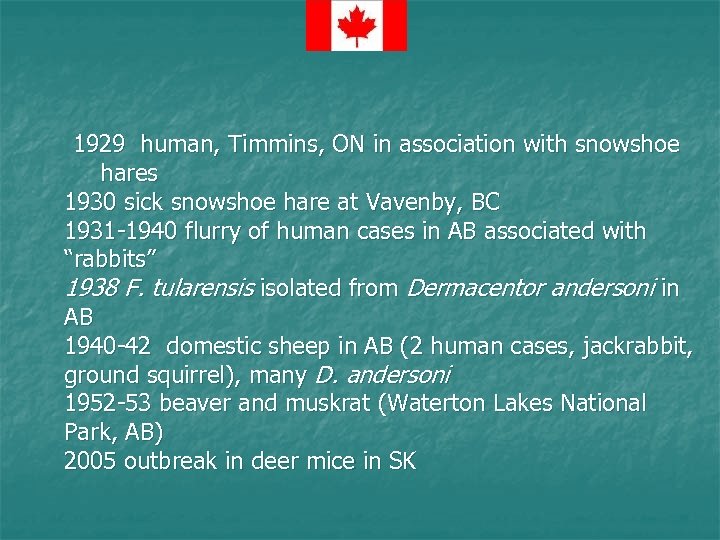 1929 human, Timmins, ON in association with snowshoe hares 1930 sick snowshoe hare at