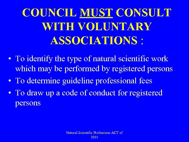 COUNCIL MUST CONSULT WITH VOLUNTARY ASSOCIATIONS : • To identify the type of natural