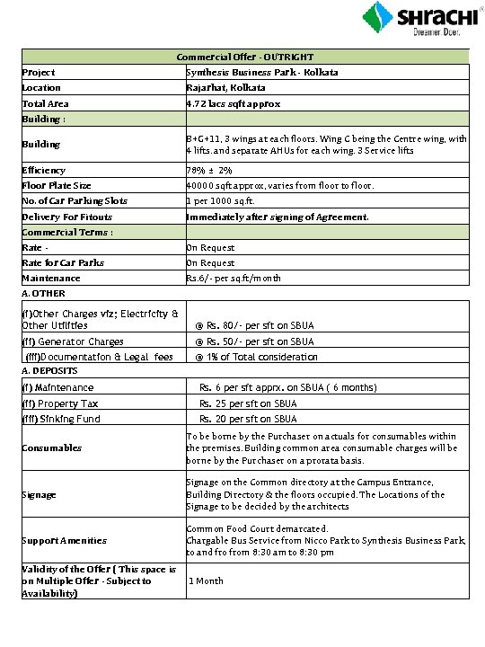 Commercial Offer - OUTRIGHT Project Synthesis Business Park - Kolkata Location Rajarhat, Kolkata Total