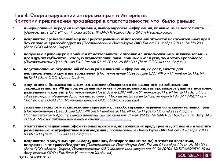 Top 4. Споры нарушении авторских прав в Интернете. Критерии привлечения провайдера к ответственности: что
