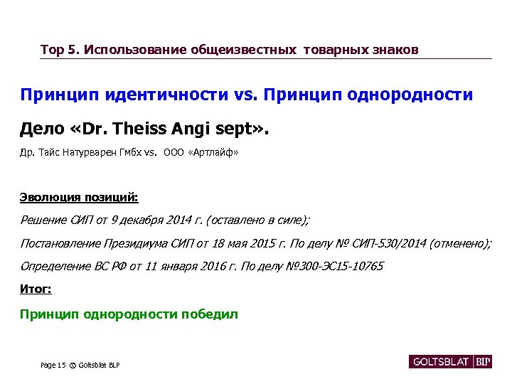 Top 5. Использование общеизвестных товарных знаков Принцип идентичности vs. Принцип однородности Дело «Dr. Theiss