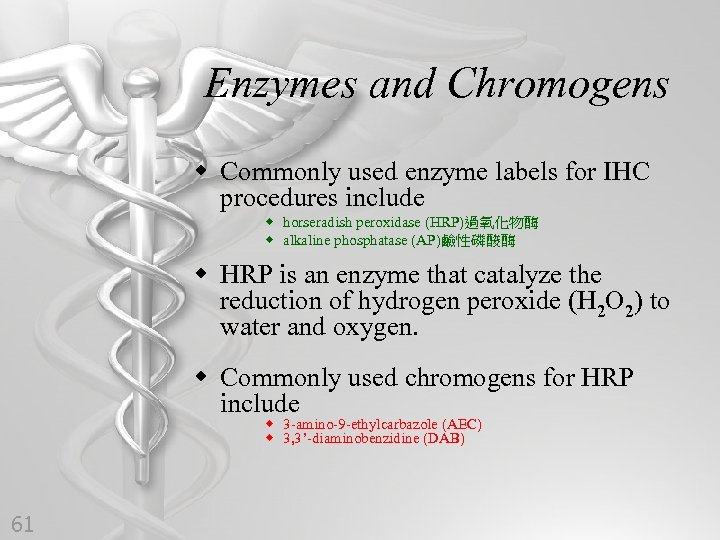 Enzymes and Chromogens w Commonly used enzyme labels for IHC procedures include w horseradish