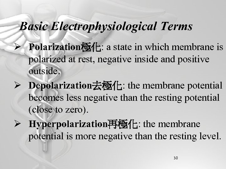 Basic Electrophysiological Terms Ø Polarization極化: a state in which membrane is polarized at rest,