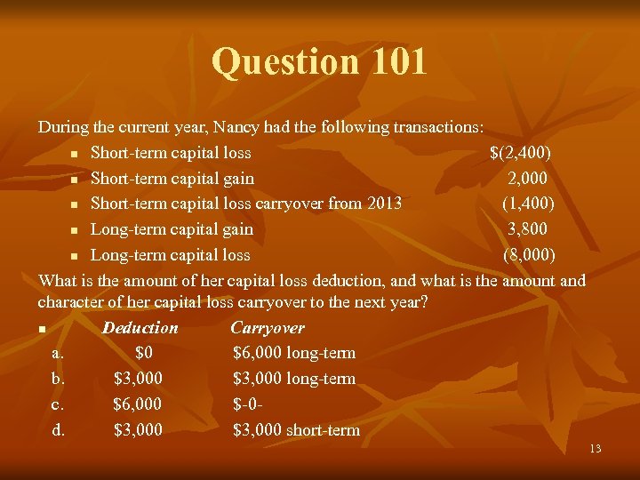 Question 101 During the current year, Nancy had the following transactions: n Short-term capital