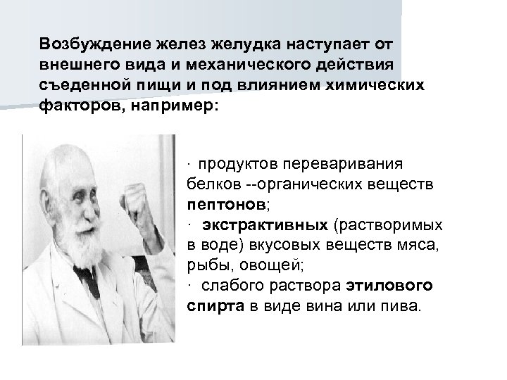 Возбуждение желез желудка наступает от внешнего вида и механического действия съеденной пищи и под
