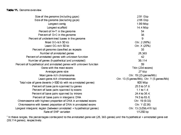 Table 11. Genome overview. Size of the genome (including gaps) Size of the genome