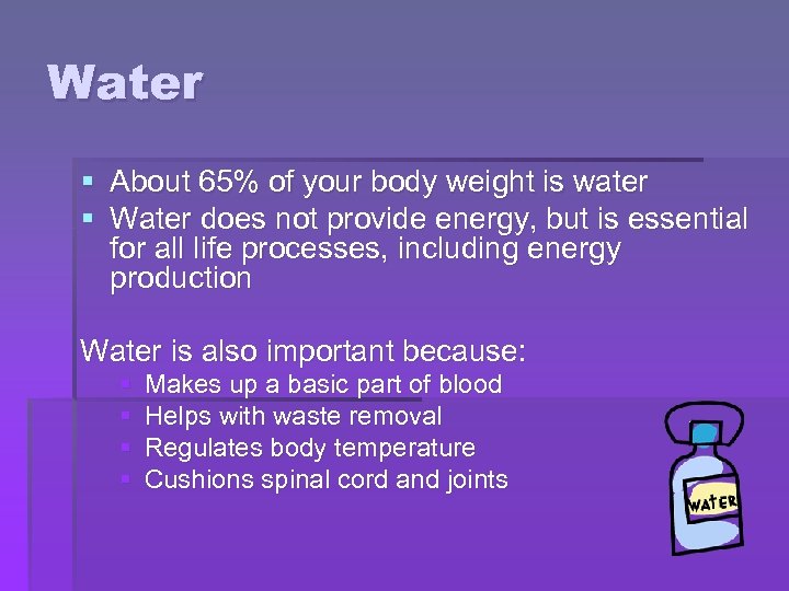 Water § About 65% of your body weight is water § Water does not