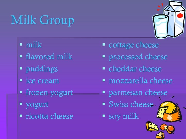 Milk Group § § § § milk flavored milk puddings ice cream frozen yogurt