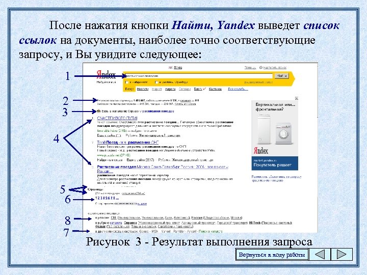 После нажатия кнопки Найти, Yandex выведет список ссылок на документы, наиболее точно соответствующие запросу,