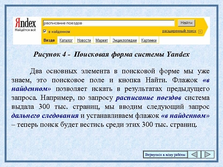 Рисунок 4 - Поисковая форма системы Yandex Два основных элемента в поисковой форме мы