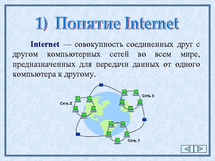 Internet — совокупность соединенных друг с другом компьютерных сетей во всем мире, предназначенных для