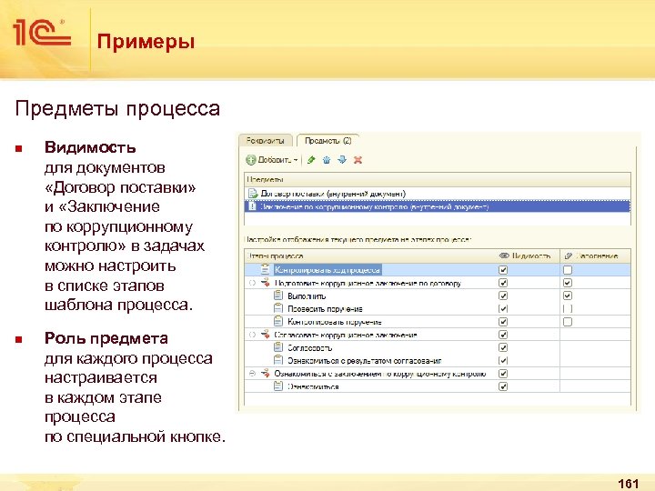 Примеры Предметы процесса n n Видимость для документов «Договор поставки» и «Заключение по коррупционному