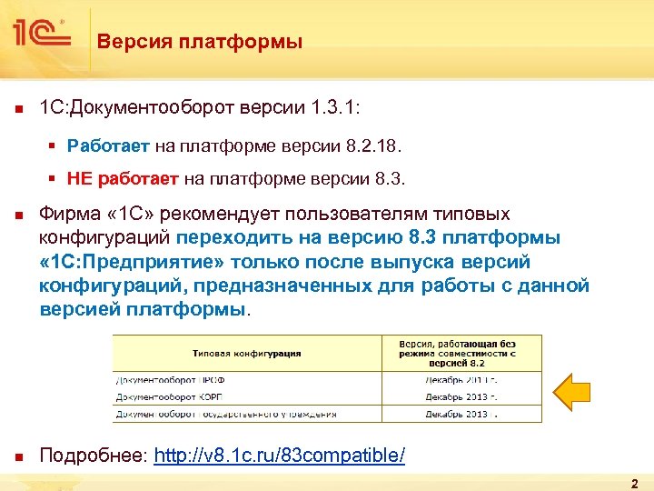 Версия платформы n 1 С: Документооборот версии 1. 3. 1: § Работает на платформе