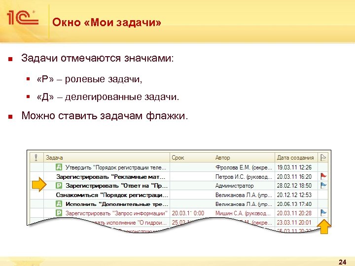 Окно «Мои задачи» n Задачи отмечаются значками: § «Р» – ролевые задачи, § «Д»