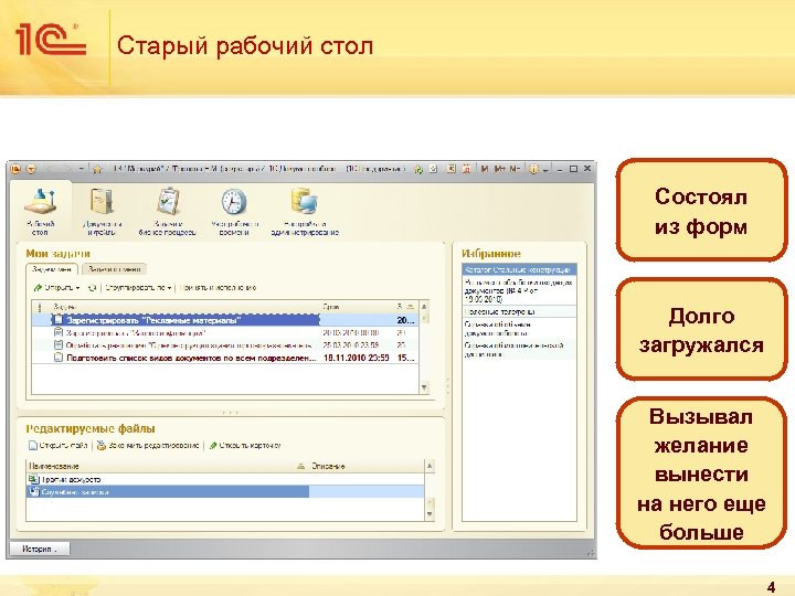 Старый рабочий стол Состоял из форм Долго загружался Вызывал желание вынести на него еще