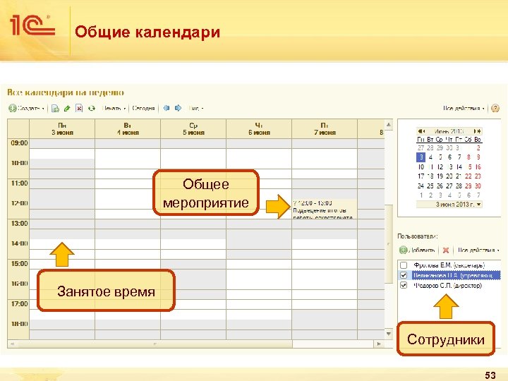 Общие календари Общее мероприятие Занятое время Сотрудники 53 