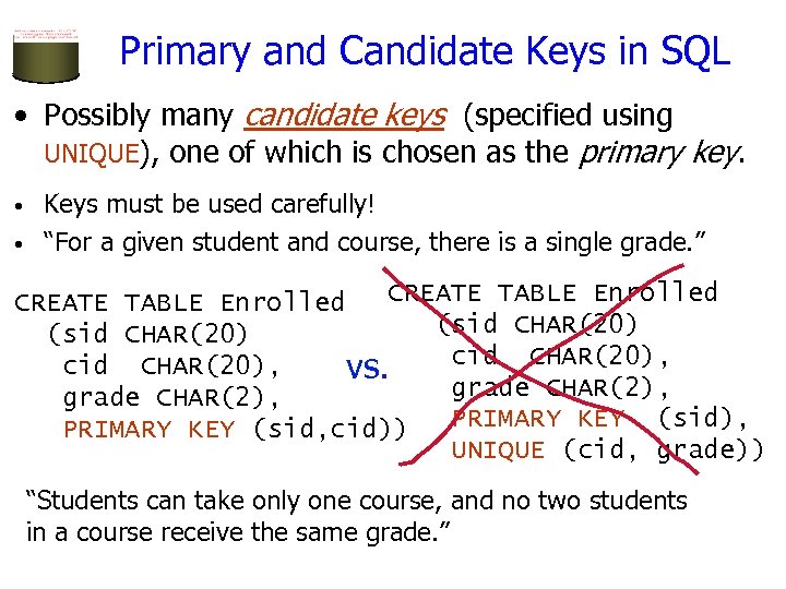 Primary and Candidate Keys in SQL • Possibly many candidate keys (specified using UNIQUE),