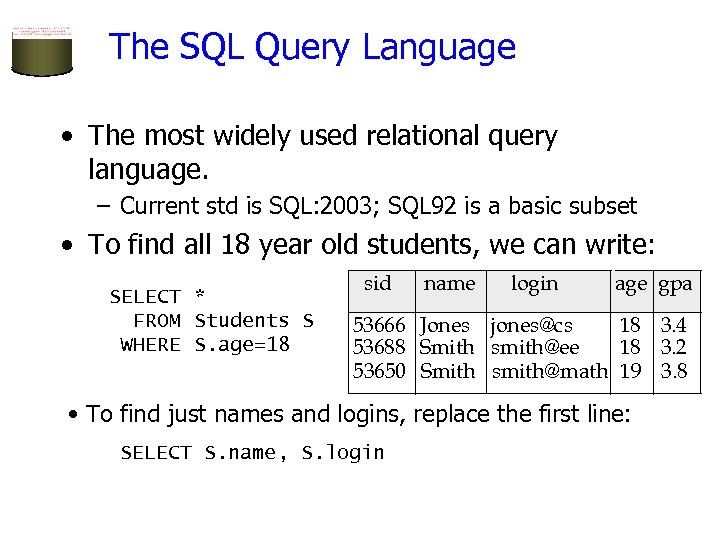 The SQL Query Language • The most widely used relational query language. – Current