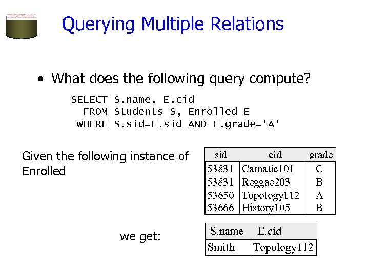 Querying Multiple Relations • What does the following query compute? SELECT S. name, E.